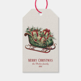 Vintage Christmas Sleigh with Gifts and Greenery  Presentetikett