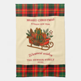 Vintage Christmas Sleigh with Gifts and Plaid  Kökshandduk