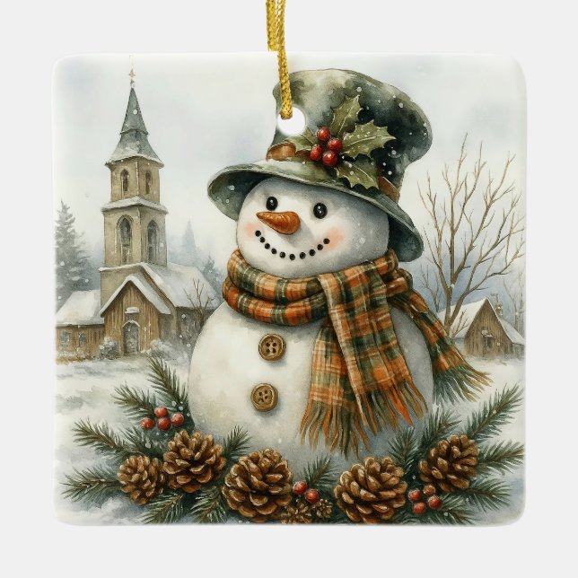 Vintage Christmas Snowman Julgransprydnad Keramik (Framsida)