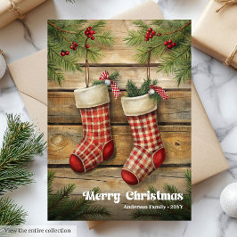 Vintage Christmas stocking traditional pine wreath Julkort
