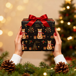 Vintage Christmas Tiger with Tree Black Presentpapper