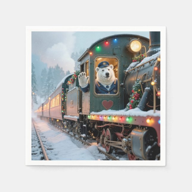 Vintage Christmas Train With Waving Polar Bear Pappersservett (Framsidan)