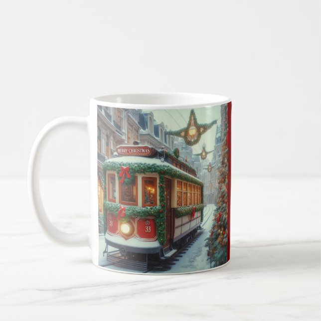 Vintage Christmas Tram in Snowy Town Kaffemugg (Vänster)