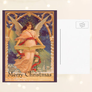 Vintage Christmas, Victorian Angel Reading Bible Helg Vykort
