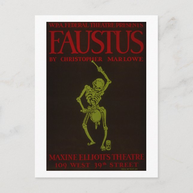 Vintage Christopher Marlowe Faustus Opera WPA Vykort (Framsida)