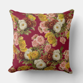 Vintage Chrysanthemum Flowers on Burgundy Red Kudde