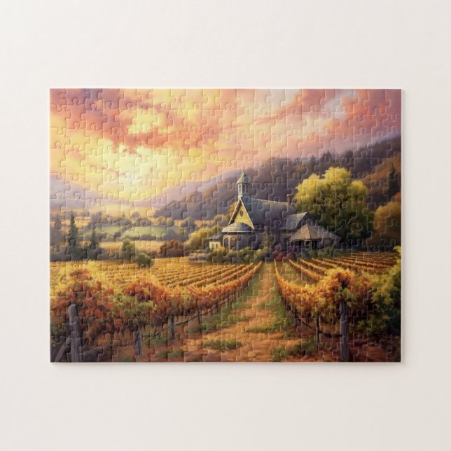 Vintage Church och Vineyard i Sunset Pussel (Horisontell)