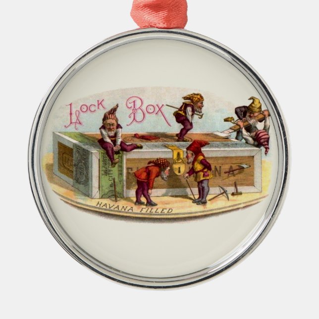 Vintage Cigar Box Gnomes Julgransprydnad Metall (Framsidan)