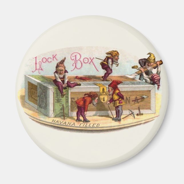Vintage Cigar Box Gnomes Magnet (Framsidan)