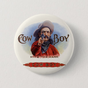 Vintage Cigar Label Art, Cowboyen träffar märket Knapp