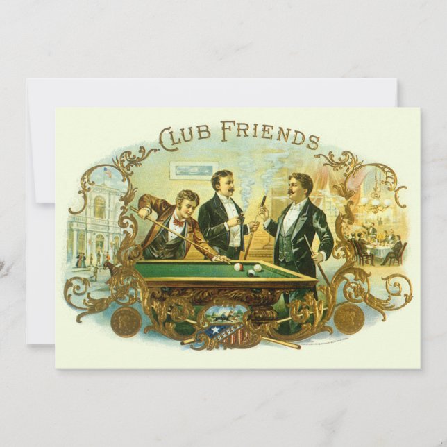 Vintage Cigar Label Art, Klubb Friends Billiards Inbjudningar (Framsida)