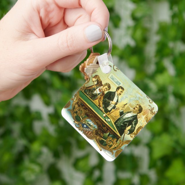 Vintage Cigar Label Art, Klubb Friends Billiards Nyckelring (Hand)