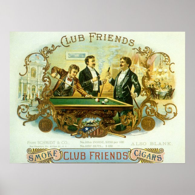Vintage Cigar Label Art, Klubb Friends Billiards Poster (Framsidan)