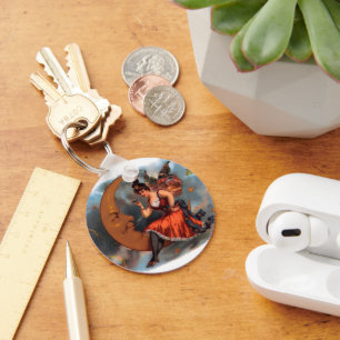 Vintage Cigar Label Art. Viktorian Fairy på Måne Nyckelring