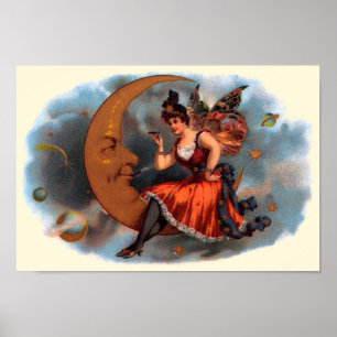 Vintage Cigar Label Art. Viktorian Fairy på Måne Poster