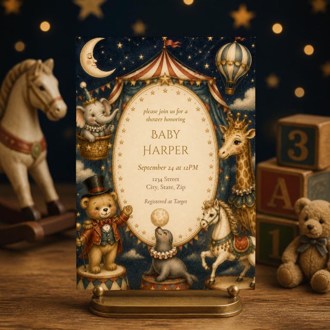 Vintage Circus Baby Shower Inbjudan | Whimsical (Vintage circus baby shower invitation with whimsical carnival animals under a magical celestial nigh)