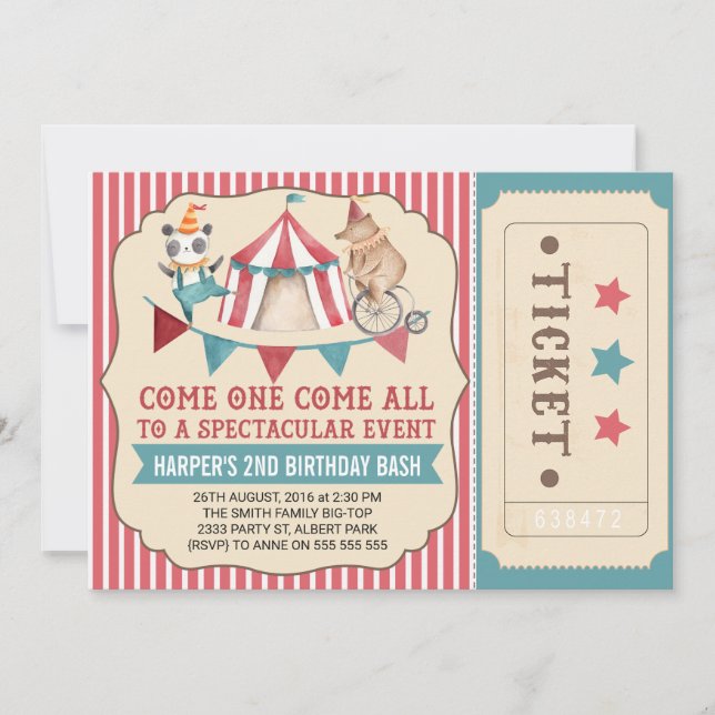 Vintage Circus Biljett Födelsedagsfest inbjudan (Framsida)