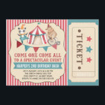 Vintage Circus Biljett Födelsedagsfest inbjudan<br><div class="desc">Flickans söta cirkus födelsedagsfest inbjudan har en pandabjörn och björn, en biljett, en cirkus tält och en buntande flagga. Jag har tagit med en dekorativ ram för bilder och text och bakgrunden är oftast en röd och vit strimlad mönster. Jag ville skapa en ny seriös inbjudan på cirkusfödelsedagen eftersom de...</div>