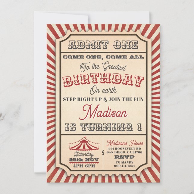 Vintage Circus Biljett Party födelsedag Inbjudningar (Framsida)