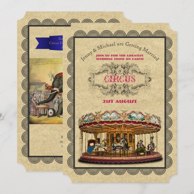 Vintage Circus bröllopsinbjudningar Karnival Inbjudningar (Fram/baksida)