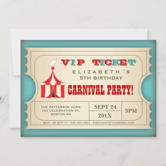 Vintage Circus Carnival Födelsedagsfest Biljett Inbjudningar (Framsida)