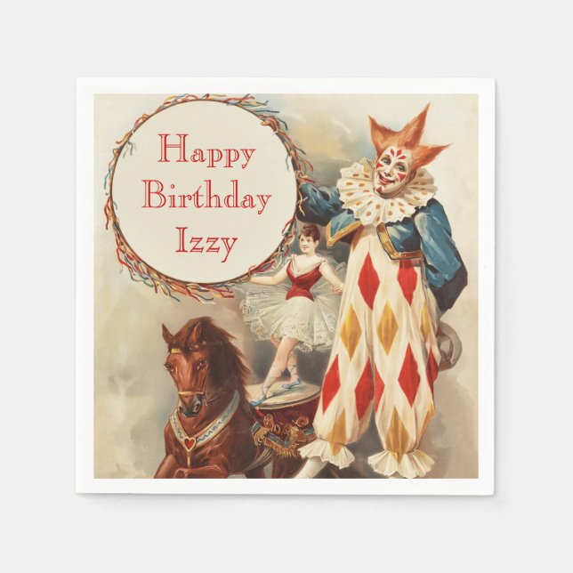 Vintage Circus Clown Personlig Birthday Pappersservett (Framsidan)