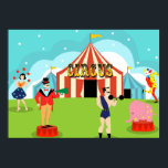 Vintage Circus Poster<br><div class="desc">Stega högerna, folk! Stega högerna upp till fantastisk Circus-Poster. Ja, kom ett, kom alla! Denna medelårhundrade moderna, minimalistiska konstdesign har en tecknad teckning i en cirkus i äkta, tre ring. Ta in allt. På lush, grönt gräs, kan du se en ringmästare bära en röd jacka med svan, orange byxor och...</div>