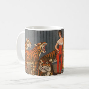 Vintage Circus Poster av kvinnor med sex tigrar. Kaffemugg