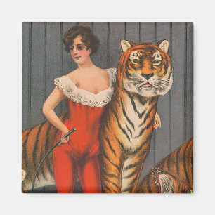 Vintage Circus Poster av kvinnor med sex tigrar. Magnet