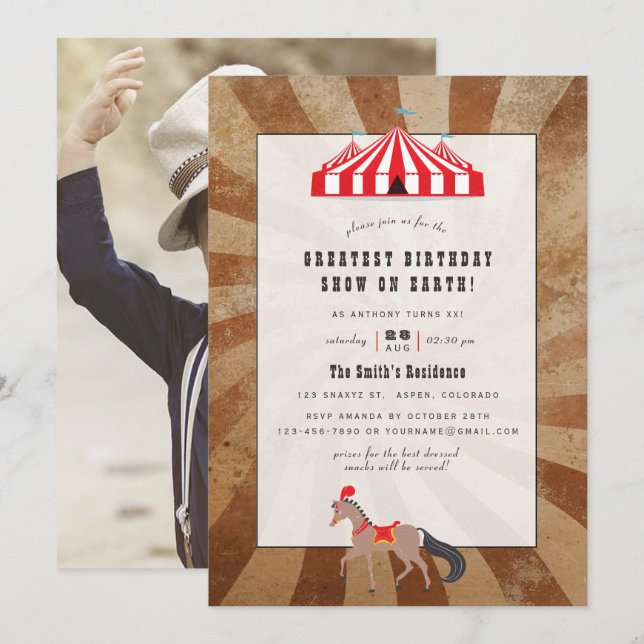 Vintage Circus-temat Födelsedagsfest - foto Inbjudningar (Fram/baksida)