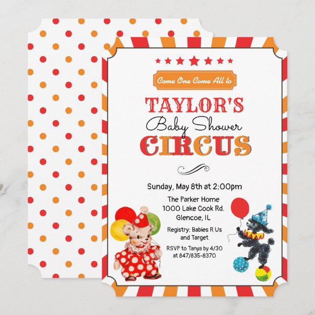 Vintage Cirkus Baby Shower Inbjudan (Fram/baksida)