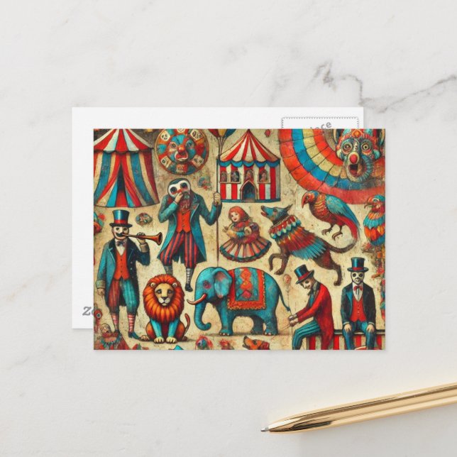 Vintage Cirkus Djur Collage Vykort (Fram/Back In Situ)