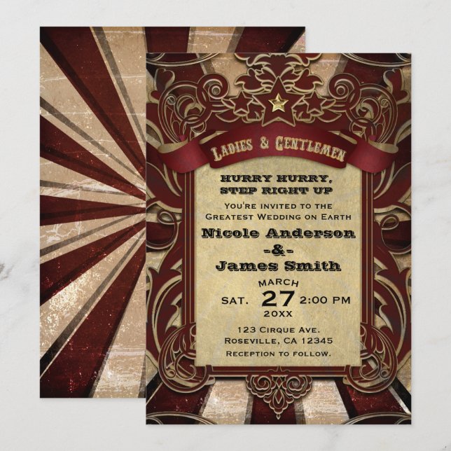 Vintage Cirkus Karneval Elegant Föreställning Bröl Inbjudningar (Fram/baksida)