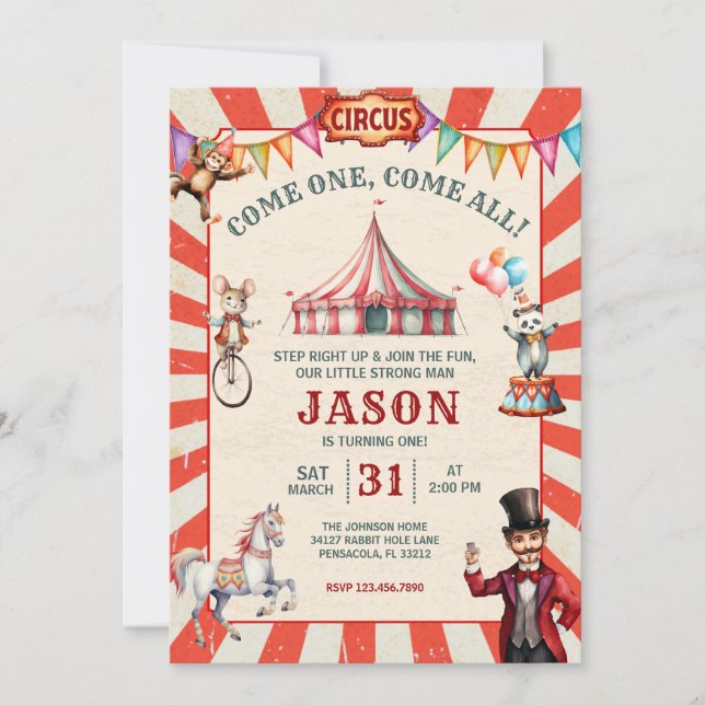 Vintage Cirkus Karneval Födelsedagsinbjudan Inbjudningar (Framsida)