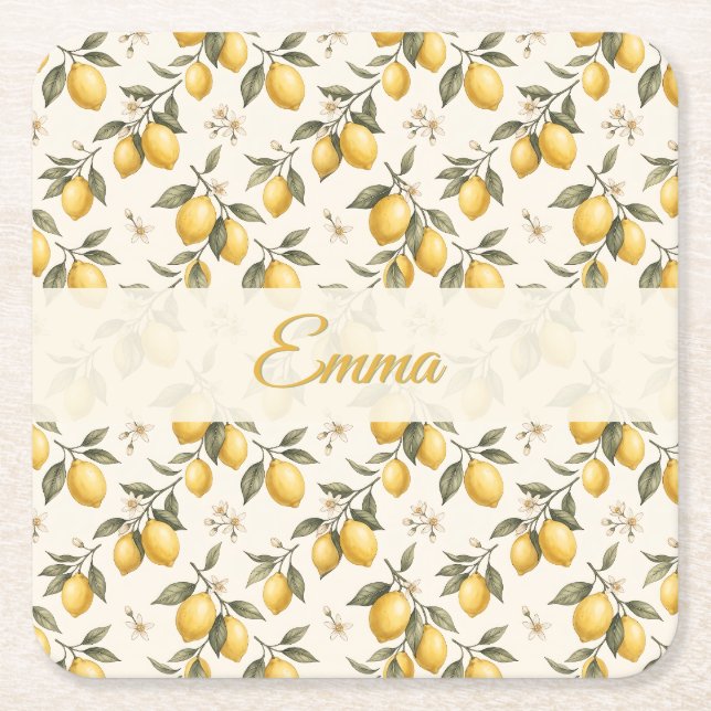 Vintage Citronblomma – Elegant Botanisk Citrus Underlägg Papper Kvadrat (Framsidan)