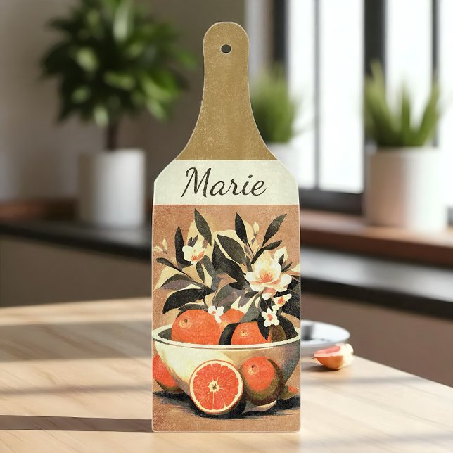 Vintage Citrus Blommar köks (Vintage citrus cutting board with oranges, blossoms, and your name.)