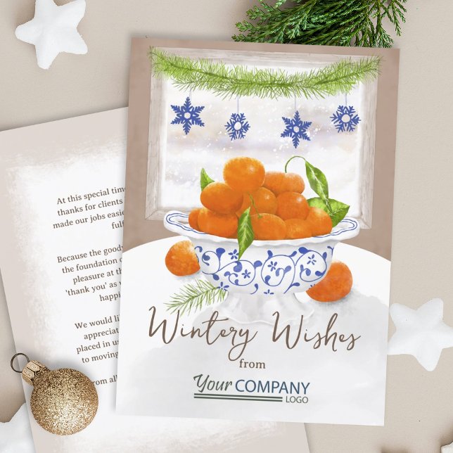 Vintage Citrus Orange Company Helgdag Julkort (Christmas oranges, winter orange and blue company holiday cards, business logo greeting cards)