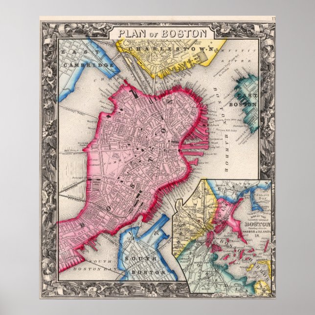 Vintage City Map of Boston 1860 Poster (Framsidan)