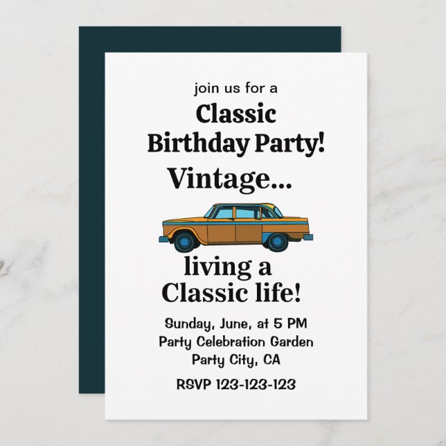 Vintage Classic Car Birthday Inbjudningar (Fram/baksida)