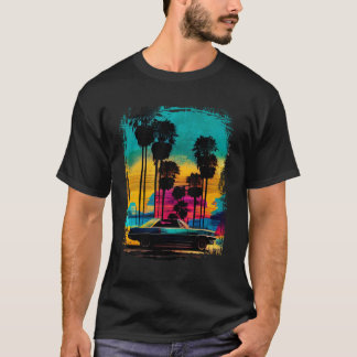 Vintage Classic Car och Handflatan Träd Sunset 80s T Shirt