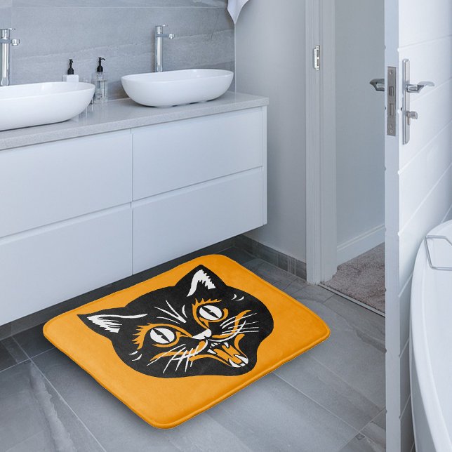 Vintage Classic Halloween Black Cat Ansikte Fangs Badrumsmatta (Vintage classic black Halloween cat smiling face on deep orange bath mat.)