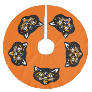 Vintage Classic Halloween Black Cat Ansikte Fangs Julgransmatta Borstad Polyester