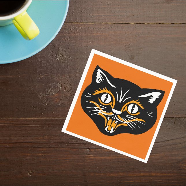 Vintage Classic Halloween Black Cat Ansikte Fangs Pappersservett (Vintage Halloween black cat smiling face orange white accents on deep orange Halloween napkins.)