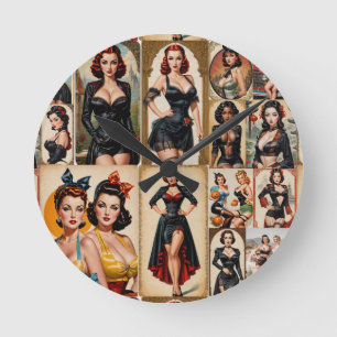 Vintage Classic Pin-up Girls Samlingsdesign Rund Klocka