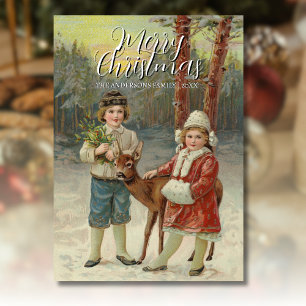Vintage Classic Winter Children with Hjort ArtWork Julkort