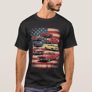 Vintage Clic Muskulär Bil Retro Amerikansk Flagga T Shirt