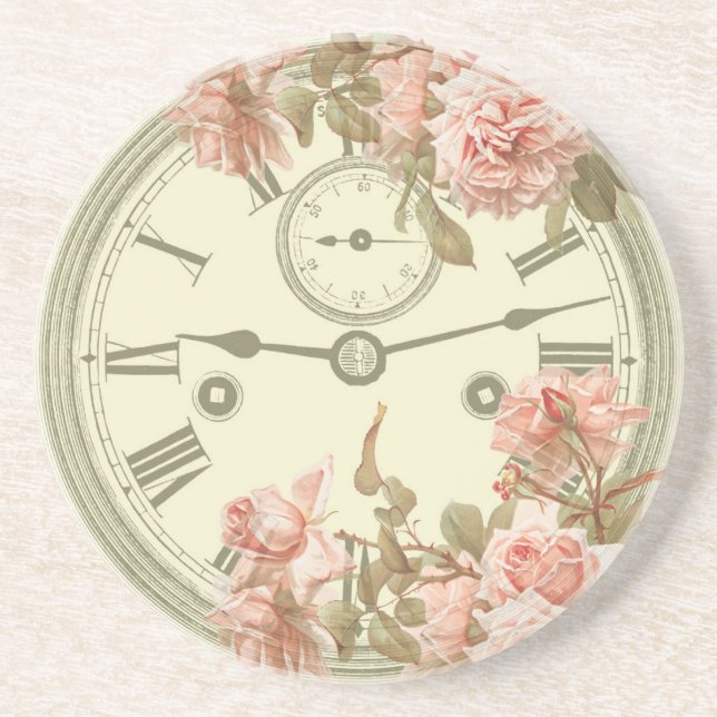 Vintage Clock och Rosa ros Ephemera Underlägg (Framsidan)