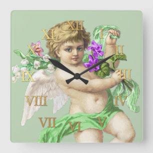 Vintage Clock Roman Numerals Cherub Grönt Fyrkantig Klocka