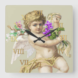 Vintage Clock Roman Numerals Cherub Guld Fyrkantig Klocka