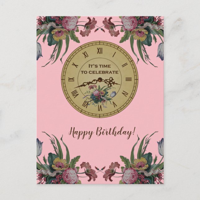 Vintage Clock with Flowers Födelsedagsfest Inbjudan Vykort (Framsida)